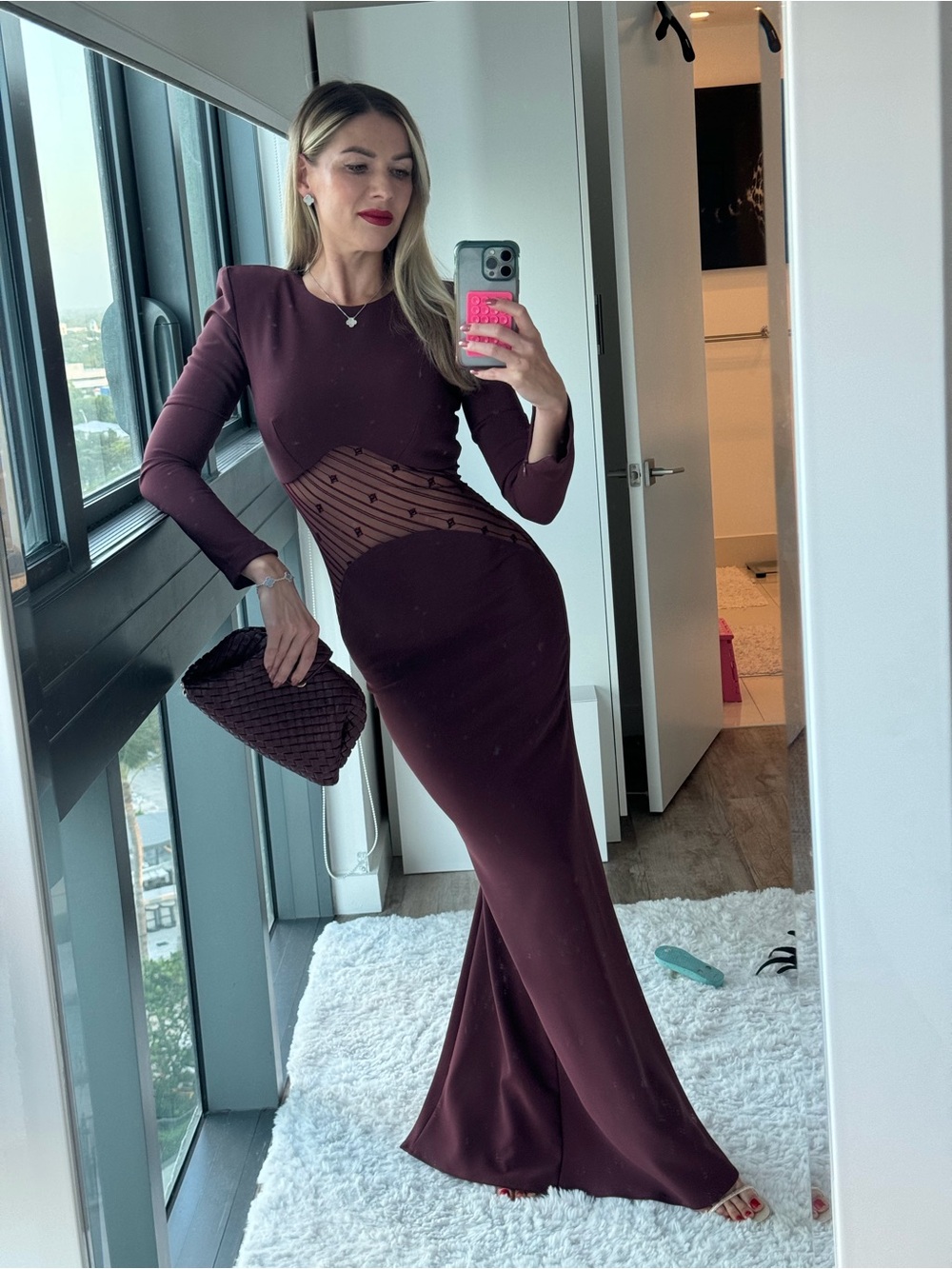 Elisabetta Franchi Burgundy Long-Sleeve Maxi Dress with Sheer Flocked Waist
